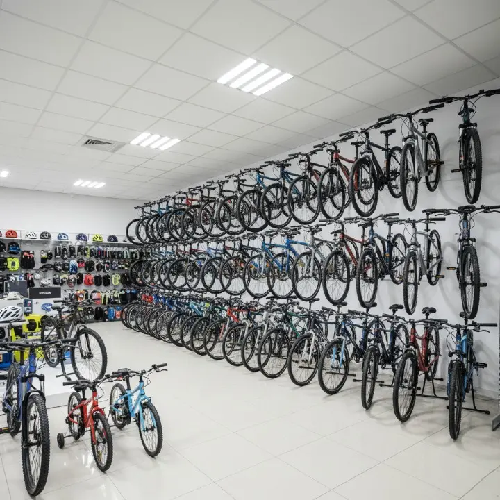 Wall display of top bicycle brands available for sale at a professional cycle store in the Secunderabad area.