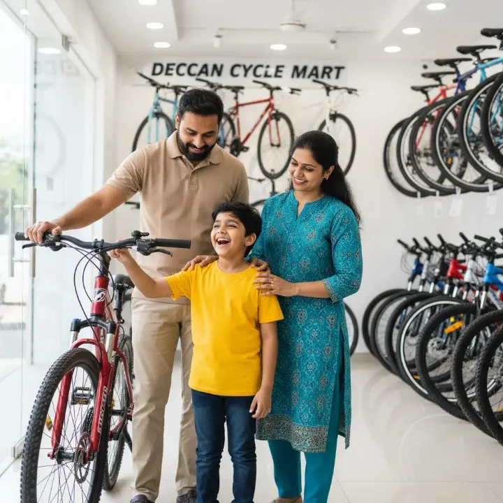 Happy family choosing a new kids bicycle at a local cycle shop in Secunderabad.