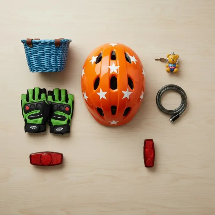 A colorful collection of kids' cycling helmets, fun bells, and bike baskets available in Secunderabad.
