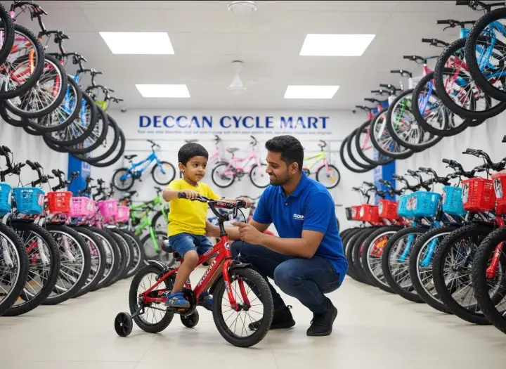 A happy child confidently riding their first bicycle in a green Secunderabad park.
