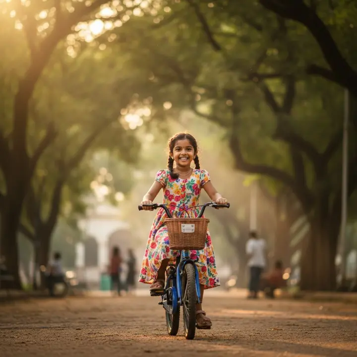 A happy child confidently riding their first bicycle in a green Secunderabad park.