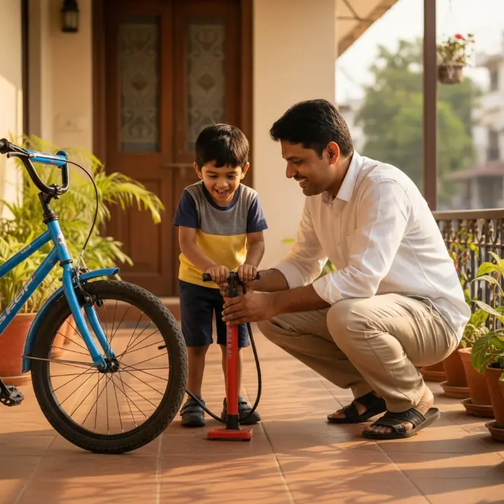 A parent and child working together, checking the tire pressure on a kids' bike as part of a home maintenance routine.