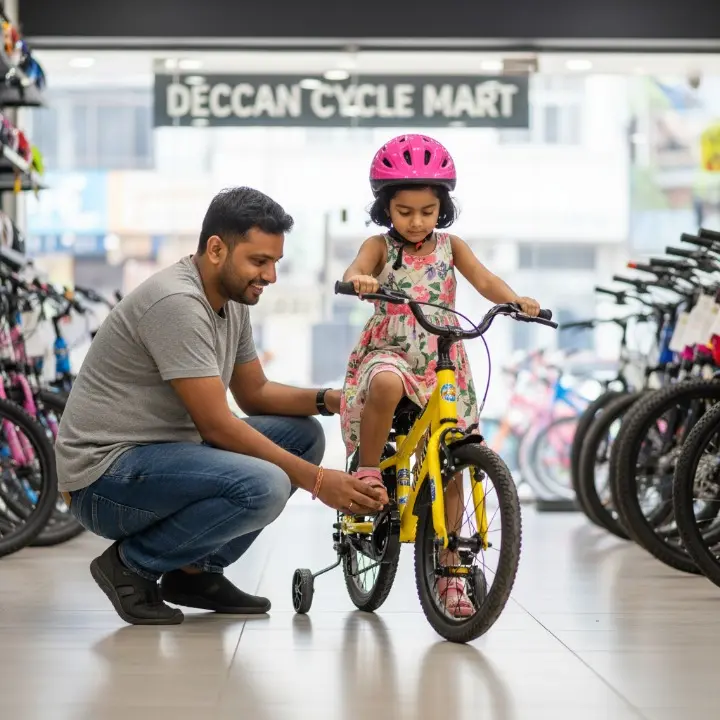 Father helping his young daughter check the fit of a new bicycle at Deccan Cycle Mart in Secunderabad.