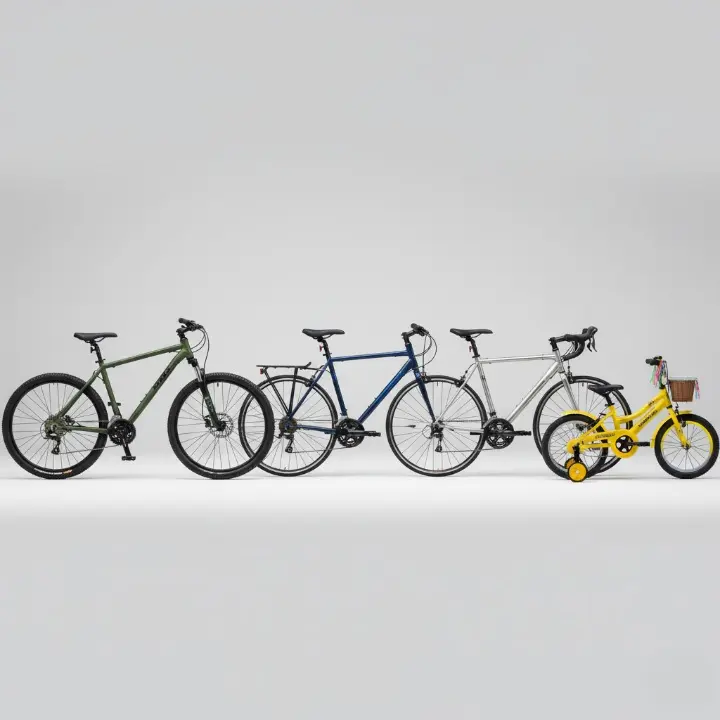 Comparison of different bicycle types available in India: MTB, Hybrid, Road, and Kids' bikes displayed for the Secunderabad buying guide.