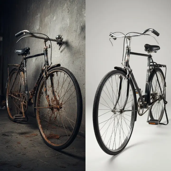 A dramatic before-and-after comparison showing a rusty, unmaintained bike transformed into a clean, fully serviced bicycle.