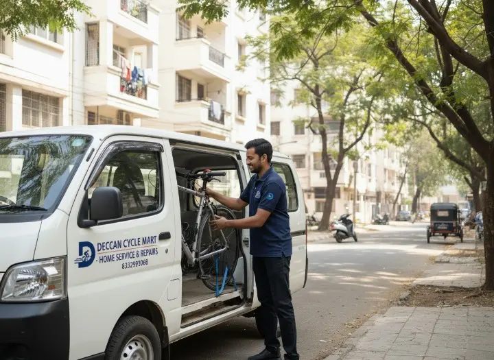 The Deccan Cycle Mart service van, equipped for free and safe bicycle pickup and drop across the Secunderabad area.