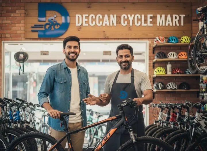 A smiling, satisfied customer receiving their fully serviced bicycle from the professional Deccan Cycle Mart team in Secunderabad.